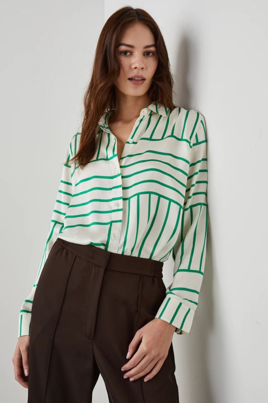 Women RAILS Tops | Rails- Mara Top Green Line Art